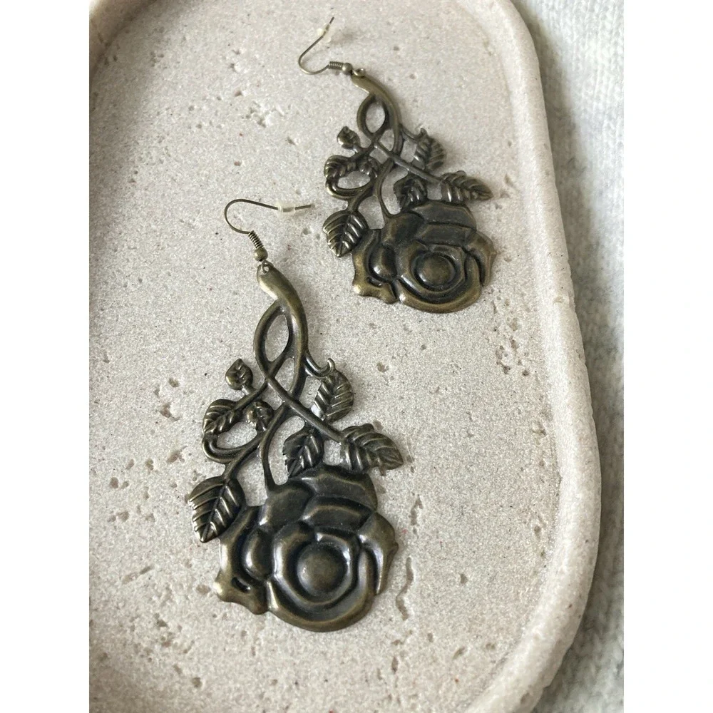 Antiqued Bronze Tone Rose Dangle Earrings Openwork Leaf Vine Large Floral Drop